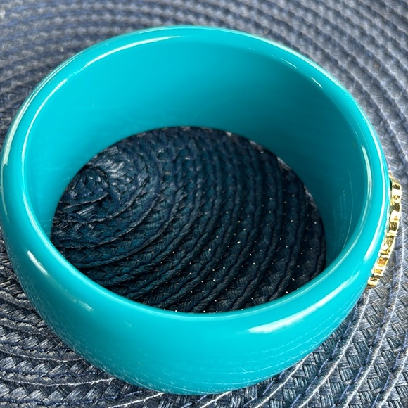 Rare Luxe Authentic ROBERTO CAVALLI Teal Blue Gold Logo Wide Bangle Bracelet - Picture 4 of 6